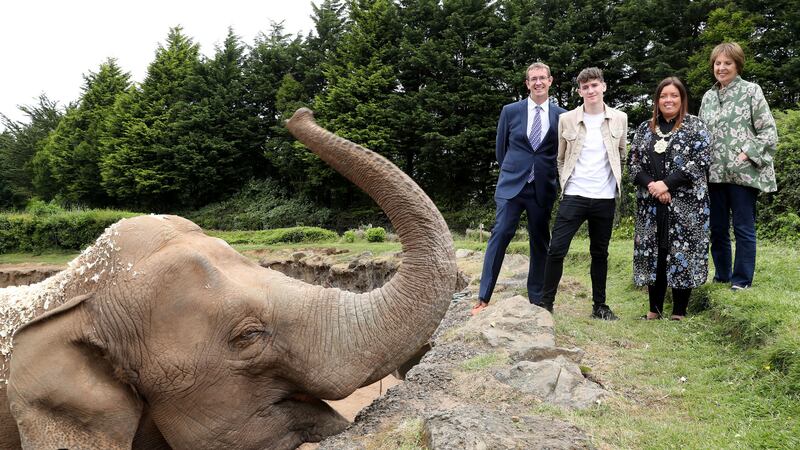 Belfast Zoo manager Alyn Cairns, actor Art Parkinson, Belfast Lord Mayor Deirdre Hargey and actor Penelope Wilton visit the elephant enclosure at Belfast Zoo ahead of the opening of new film Zoo