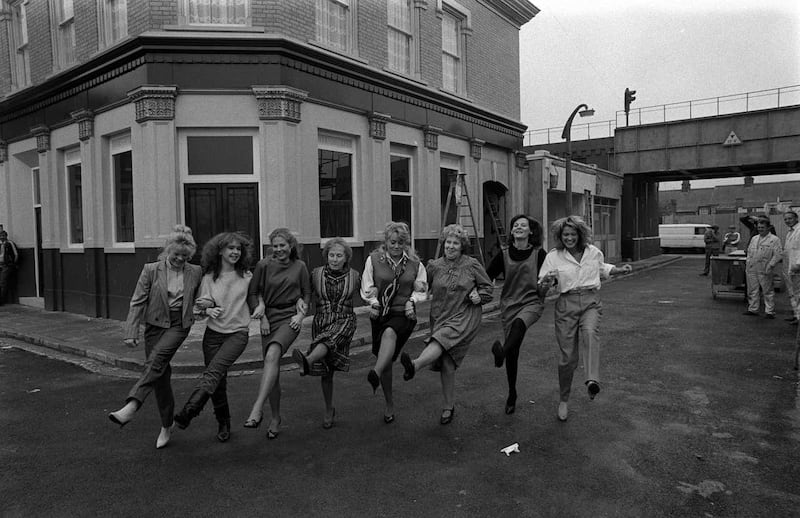Sandy Ratcliff, second from the right, with other original cast members at Elstree Studios in 1984