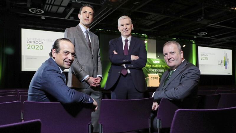 Pictured at the CBRE Outlook at the ICC Belfast are (from left)  Spencer Levy, CBRE&rsquo;s chairman of Americas Research for CBRE and senior economic adviser; Carl Brookes, head of sustainability at CBRE UK Property Management; Kevin McCauley, head of UK Commercial Research and Brian Lavery, managing director of CBRE Northern Ireland 