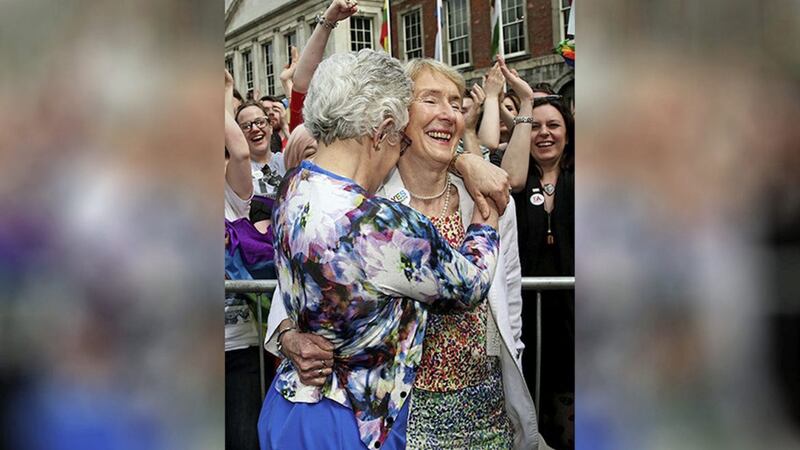 Senator Katherine Zappone, left, with Ann Louise Gilligan at the Central Count Centre in Dublin Castle, Dublin, in 2015 after Zappone proposed live on TV as votes are continued to be counted in the referendum on same-sex marriage. Picture by Brian Lawless, Press Association 