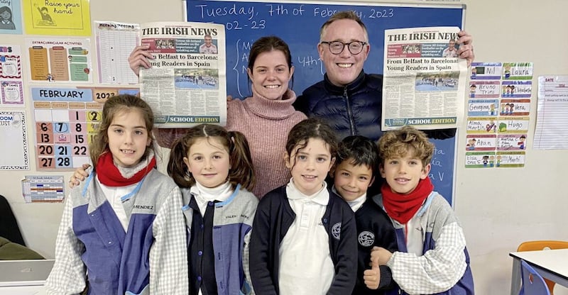 Teachers Elena Morelli and Cormac Walsh at the Anne Sullivan International School in Barcelona, where pupils are taking part in the Irish News Young News Reader Media Project. 