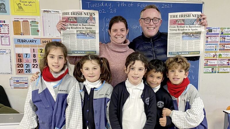 Teachers Elena Morelli and Cormac Walsh at the Anne Sullivan International School in Barcelona, where pupils are taking part in the Irish News Young News Reader Media Project. 