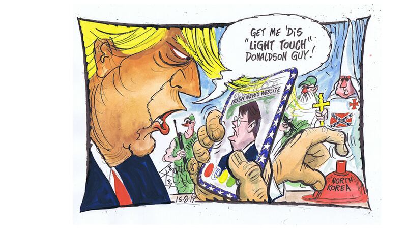 Ian Knox cartoon 15/8/17: &quot;Light touch&quot; for May and Donaldson appears to mean avoid the issue and do nothing. Trump's touch, whether for Charlottesville or North Korea continues to be anything but light&nbsp;