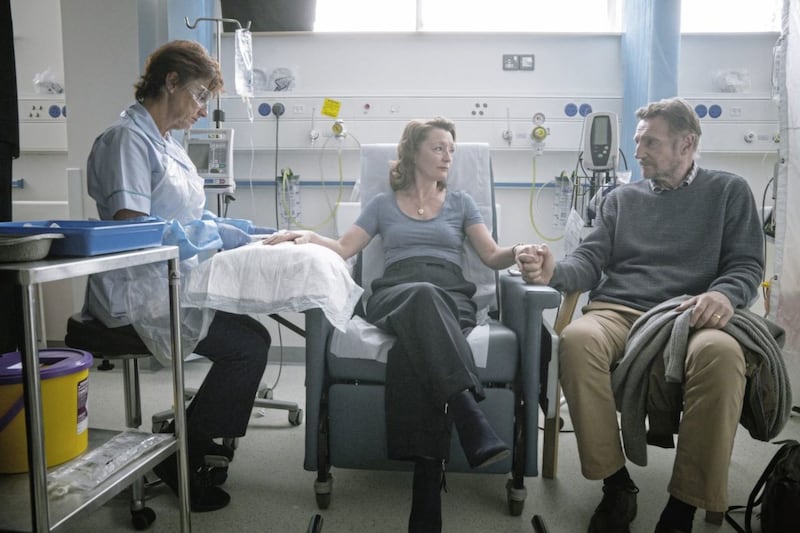 Lesley Manville, centre, and Liam Neeson in Ordinary Love, in which Melanie Clark Pullen played a doctor