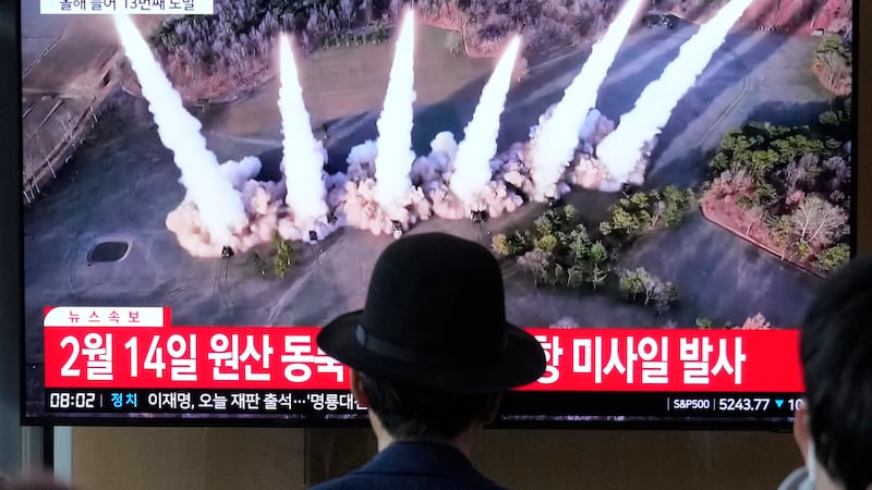 A news programme airs a file image of a missile launch by North Korea at the Seoul Railway Station in Seoul, South Korea, on Tuesday, April 2, 2024 (Ahn Young-joon/AP)