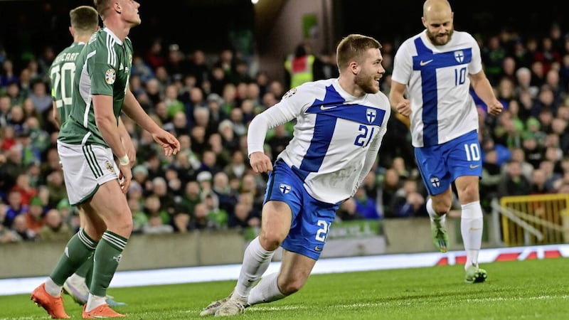 Finland&#39;s Benjamin K&auml;llman scores the only goal against Northern Ireland during this evening&#39;s game at Windsor Park in Belfast. Pic Colm Lenaghan/Pacemaker 