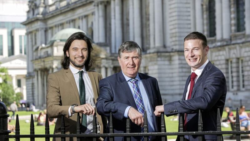 Mount Charles&#39; head of sales and marketing Gavin Annon and founder/chairman Trevor Annon with Brian Lee, co-founder of Freshly Chopped, which is opening in Donegall Square West in August 