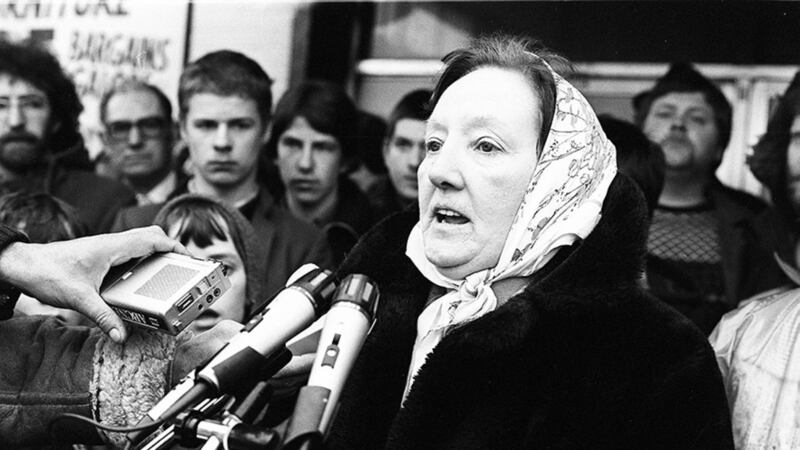 &nbsp;Rosaleen Sands speaking to a crowd which had marched along the Falls Road on the first day of the hunger strikes&nbsp;