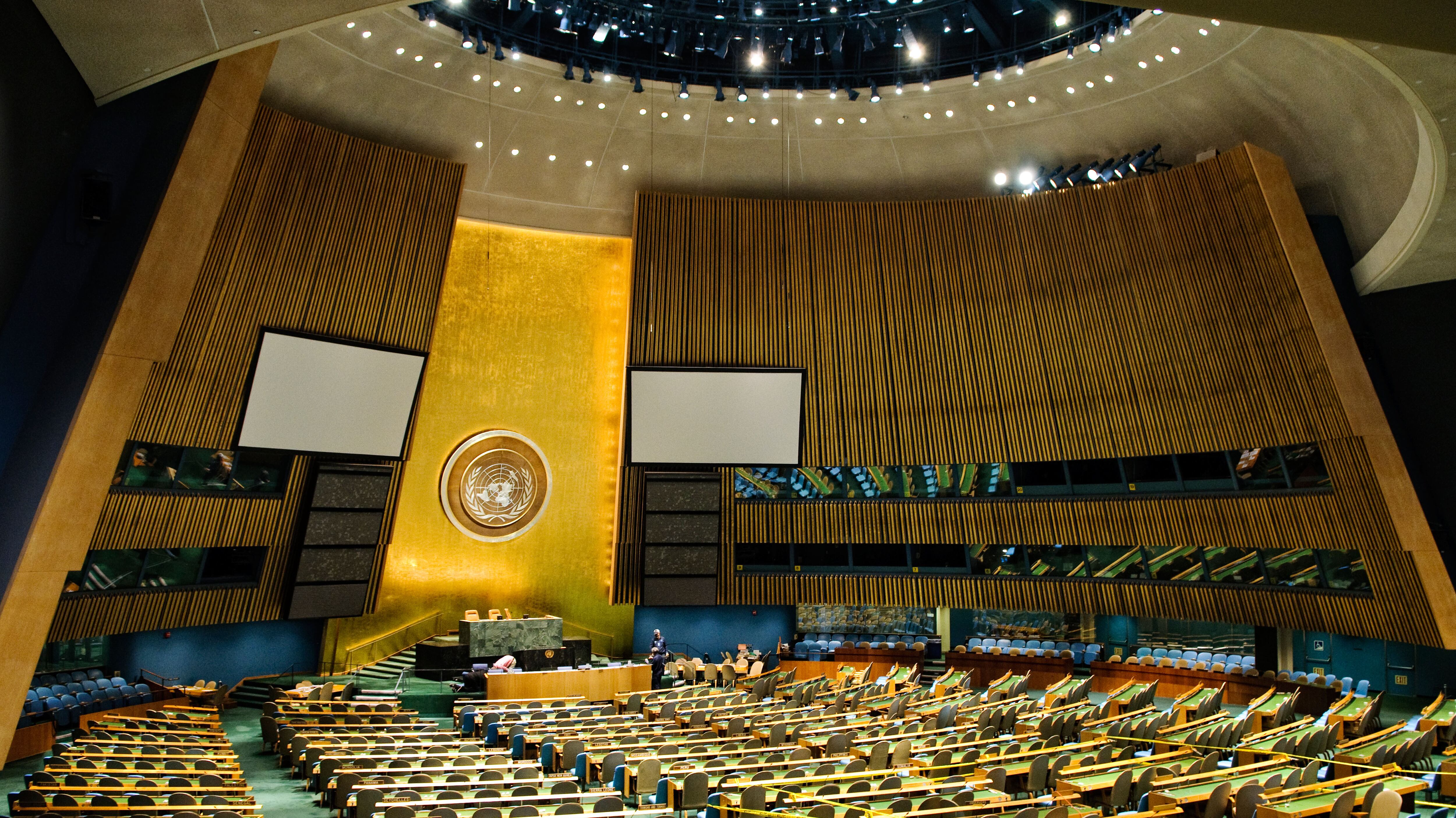 Interior of the chamber of the UN General Assembly at United Nations headquarters in New York