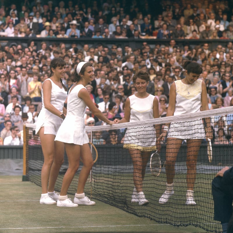 Kathy Harter (USA) and Kathy Blake (USA) congratulate Lesley Turner (Australia) and Judy Tegart (Australia) after a doubles match at Wimbledon 1967
