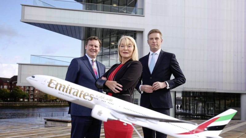 Companies and individuals in Northern Ireland have until Friday October 27 to get their entries in for the 11th year of the UTV Business Eye Awards in association with Emirates. Pictured are (from left) Enda Corneille, Country Manager (Ireland) for Emirates; Brenda Buckley of Business Eye and awards host UTV&#39;s Marc Mallett 