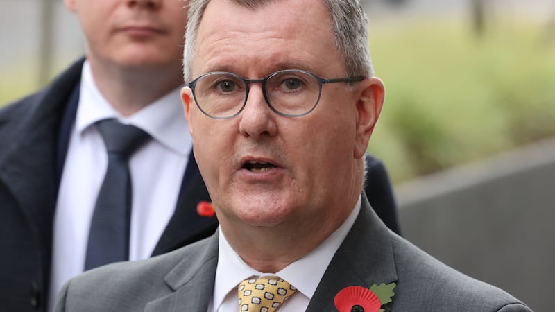 Sir Jeffrey Donaldson speaking to the media following the DUP meeting with Northern Ireland Secretary Chris Heaton-Harris at Erskine House, Belfast. Picture date: Tuesday November 1, 2022.