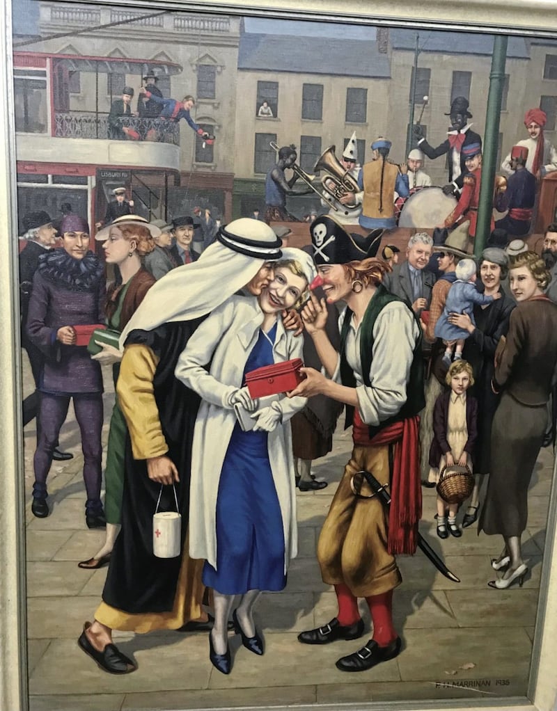 Padraig H. Marrinan&#39;s 1935 oil on canvas The Rag. He has featured many of the well known characters of the day in the crowd, including artists John Luke and William Conor as well as a selection of professors from Queen&#39;s University. The students are seen collecting for charity on the Lisburn Road in Belfast 