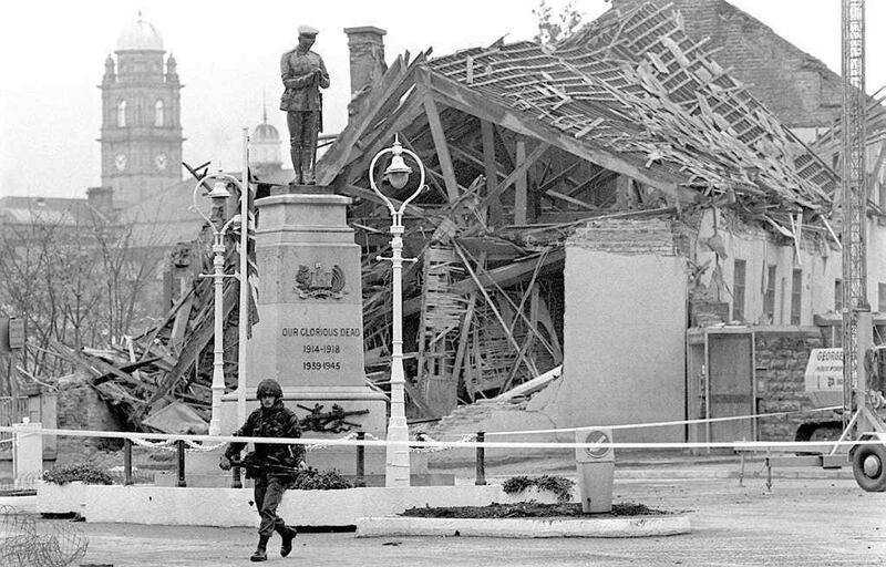 An old community centre lying in ruins the morning after the IRA bombing of a Remembrance Day ceremony in the town of Enniskillen 