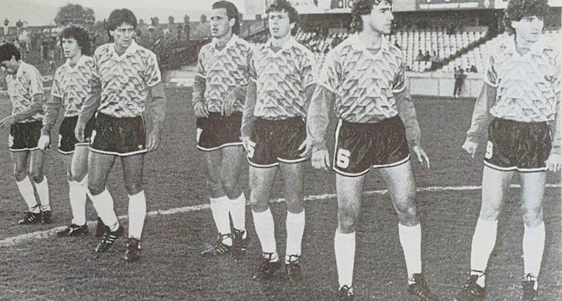 The Argentina team - containing 1986 World Cup winner Jorge Valdano (pictured centre) - get ready to face Linfield at a half-empty Windsor Park 