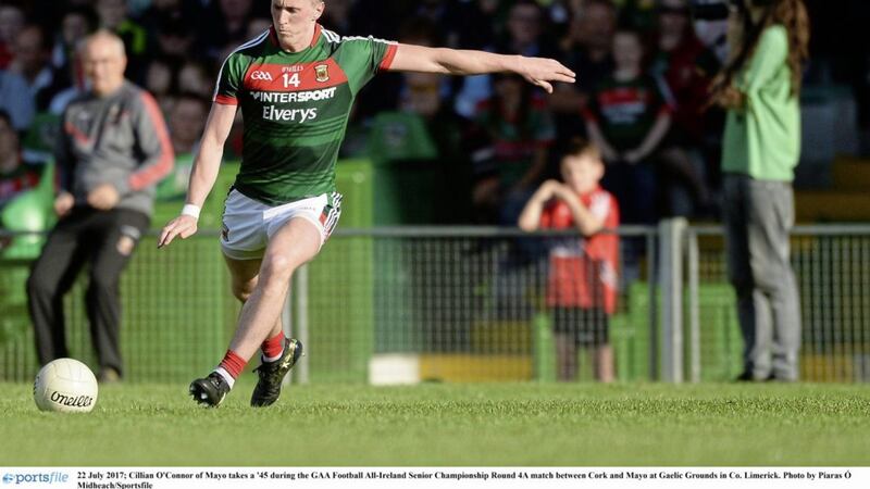 Cillian O&#39;Connor of Mayo takes a 45 during Saturday&#39;s All-Ireland SFC Qualifying round 4A match with Mayo at the Gaelic Grounds, Limerick Picture by Sportsfile 