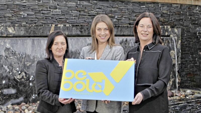 Launching the 3rd annual female entrepreneurs conference at Galgorm on International Woman&#39;s Day are Women in Business head of programme Lesley O&#39;Hanlon (left) and Causeway Enterprise Agency chief executive Jayne Taggart (right) with MC Sarah Travers 
