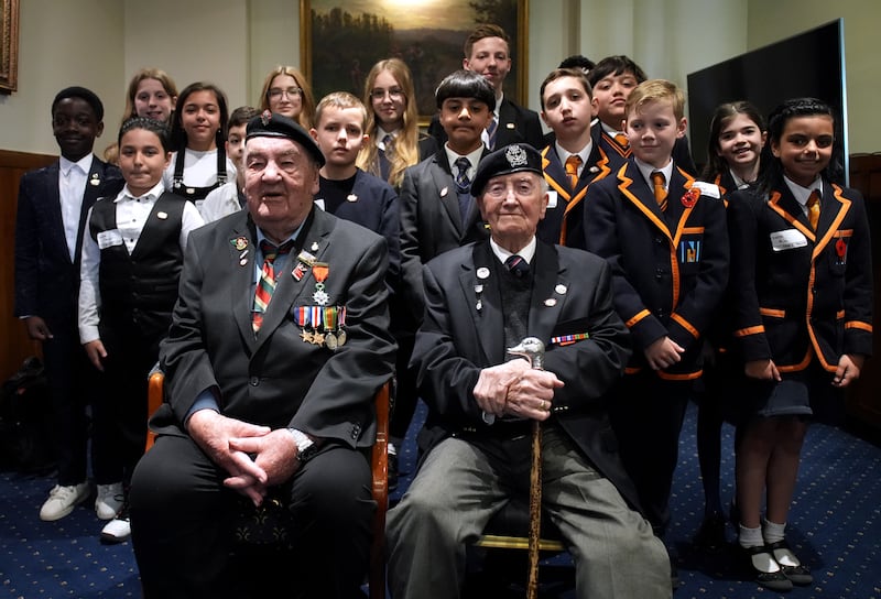 D-Day veterans meeting schoolchildren during Meet the Veterans: A History Lesson With Those Who Were There, at the Union Jack Club in London