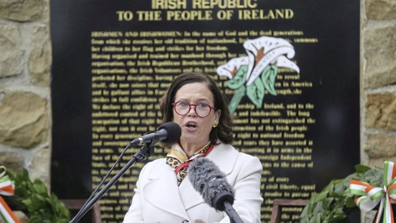 Sinn F&eacute;in leader Mary Lou McDonald speaking at an Easter commemoration in Milltown Cemetery, Belfast where she sought &#39;partnership&#39; with unionists. Picture: Hugh Russell 