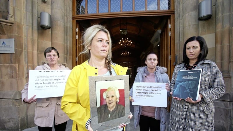 The family of the late Annie McCourt, who was a former resident at Dunmurry Manor Care home, staged a protest yesterday three months after the release of a scathing report into care failings: (l-r) Annie&#39;s daughter, Bridie Shortt and granddaughters, Maria Scott, Nicky Scott and Julieann McNally  Picture Mal McCann. 