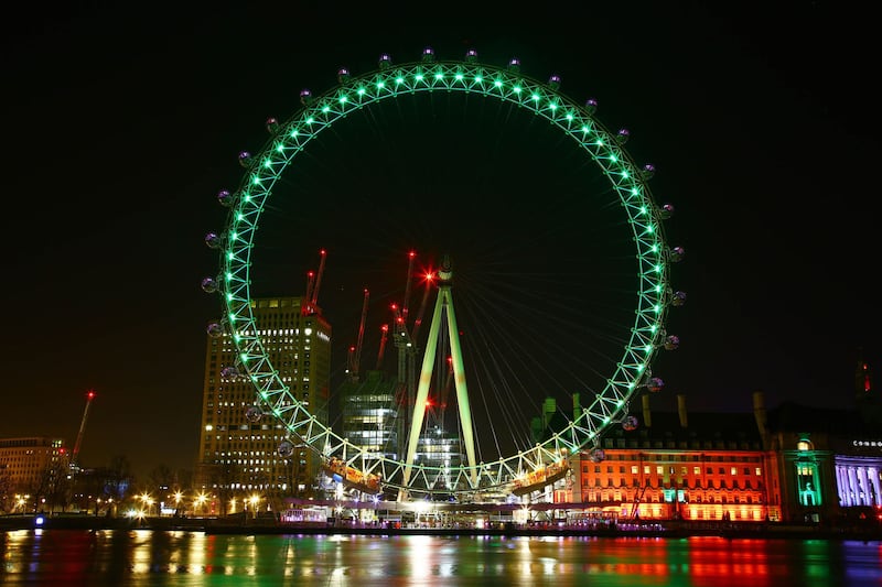 The Coca-Cola London Eye, on London's South Bank is lit green by Tourism Ireland to celebrate St Patrick's Day
