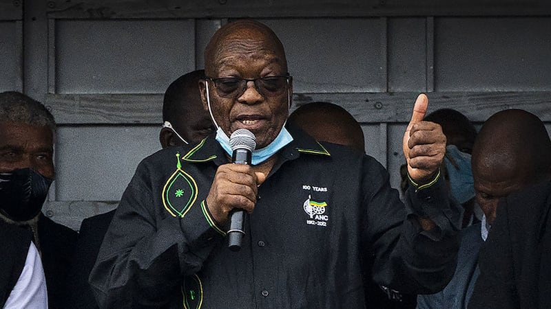 Former president Jacob Zuma addresses his supporters at his home in Nkandla, KwaZulu-Natal Natal Province, Sunday, July 4, 2021 (AP Photo/Shiraaz Mohamed)&nbsp;