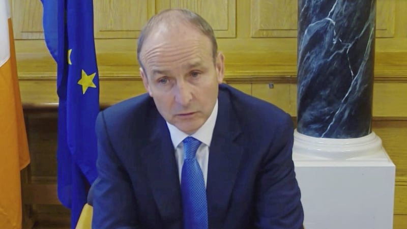Taoiseach Miche&aacute;l Martin talks to The Irish news via Zoom from Government Buildings in Dublin 