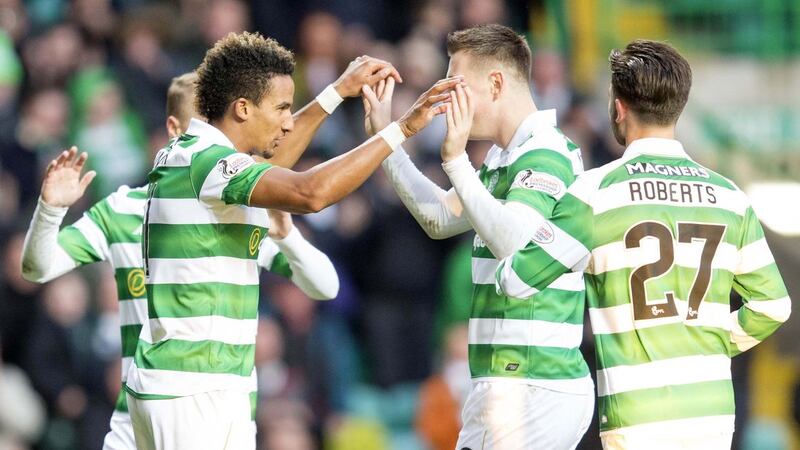 Celtic's Scott Sinclair celebrates scoring his side's first goal of the game with teammates during the Ladbrokes Scottish Premiership match at Celtic Park, Glasgow. &nbsp;