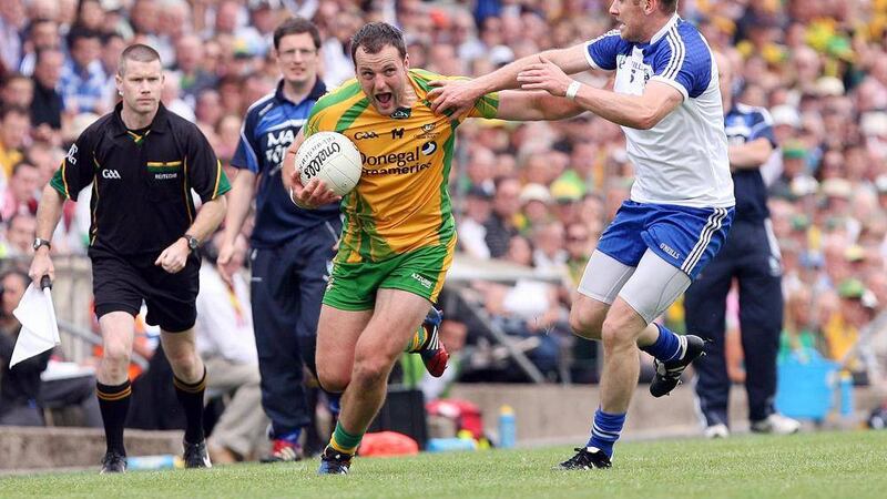 Donegal captain Michael Murphy comes under pressure from Monaghan centre-back Vincent Corey in last year&#39;s Ulster SFC final at Clones. Picture by Colm O&#39;Reilly  