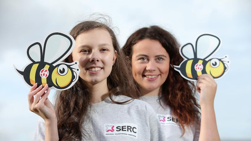 Pupils Holly King (18) and Molly McConnell (18) from the South Eastern Regional College in Bangor are celebrating after their entry &lsquo;Investigating the link between habitat and the antibacterial effect of honey&rsquo; was shortlisted for the 2017 BT Young Scientist &amp; Technology Exhibition. Picture by Kelvin Boyes, Press Eye