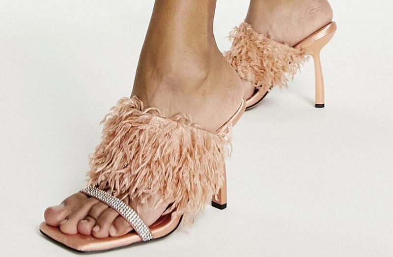 ASOS Design Nettle Faux Feather Embellished Heeled Mules in Apricot, &pound;38, available from ASOS 