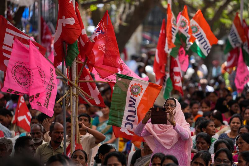 Members of various unions and opposition political parties protest in Hyderabad (AP Photo/Mahesh Kumar A.)