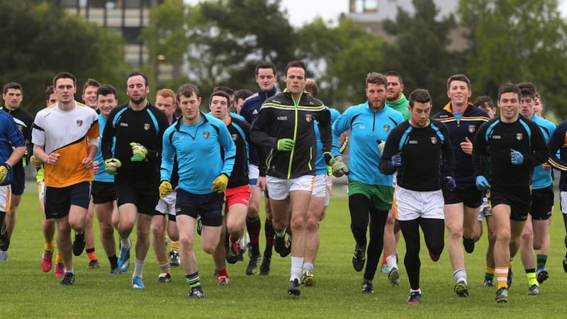 Antrim's players go through their paces at the Ulster University, Jordanstown ahead of this weekend's Ulster SFC quarter-final against Fermanagh <br />Picture: Hugh Russell