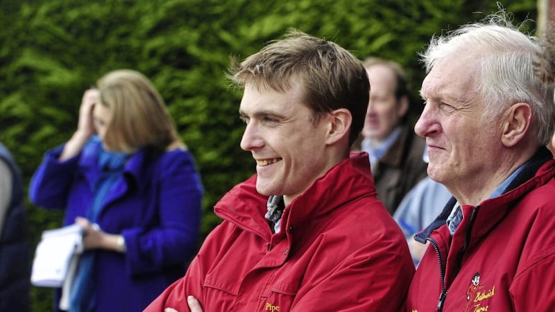Trainer Martin Pipe with stable jockey Tom Scudamore (left) watch the horses parede at David Pipe&#39;s stables in Nicholashayne Somerset. PRESS ASSOCIATION Photo. Picture date: Thursday February 26 2009. Photo credit should read: Ben Birchall/PA Wire. 