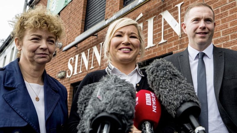 Sinn F&eacute;in Vice President Michelle O&#39;Neill (centre) with party colleagues Car&aacute;l N&iacute; Chuil&iacute;n (left) and Chris Hazzard (right). Picture by Liam McBurney, Press Association 