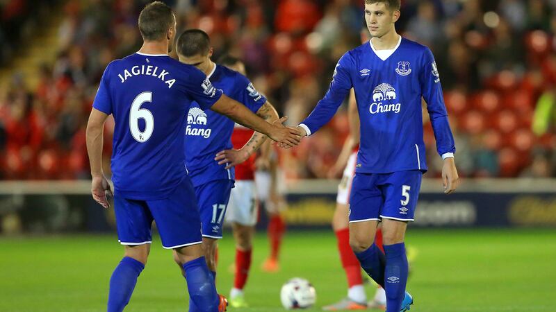 Everton's Phil Jagielka and John Stones in action against Barnsley in the Capital One Cup at Oakwell during the week<br />Picture: PA