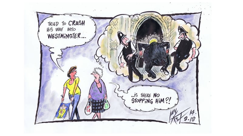Ian Knox cartoon 15/8/18: A car crashes into security barriers outside the Houses of Parliament&nbsp;