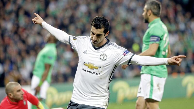 Henrikh Mkhitaryan celebrates after scoring the only goal of the game in Manchester United&rsquo;s 1-0 win over St Etienne yesterday. The Armenian is a doubt for Sunday&rsquo;s EFL Cup final after going off injured nine minutes at Geoffroy Guichard stadium in Saint Etienne Picture: Laurent Cipriani/AP 