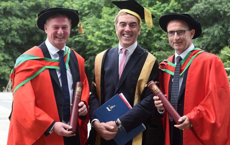 &nbsp;Michael O'Neill (left) and Martin O'Neill (right) with James Nesbitt Chancellor of Ulster University Coleraine campus after receiving their honorary doctorates. Picture from Hugh Russell.