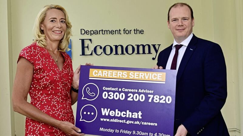 Economy Minister Gordon Lyons and Deputy Head of Careers Service, Christina Kelly encourage those seeking advice following exam results to contact the Careers Service 