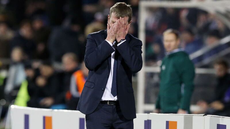 Dundalk manager Stephen Kenny reacts after a missed chance during the UEFA Europa League match at Tallaght Stadium against AZ Alkmaar&nbsp;