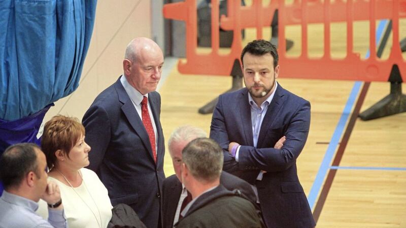 Mark Durkan with SDLP leader Colum Eastwood after he lost his Westminster seat at the 2017 general election. Picture by Margaret McLaughlin 