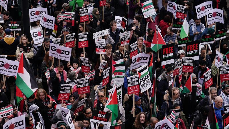 Protesters during a pro-Palestine march organised by Palestine Solidarity Campaign in central London. Picture date: Saturday October 28, 2023.