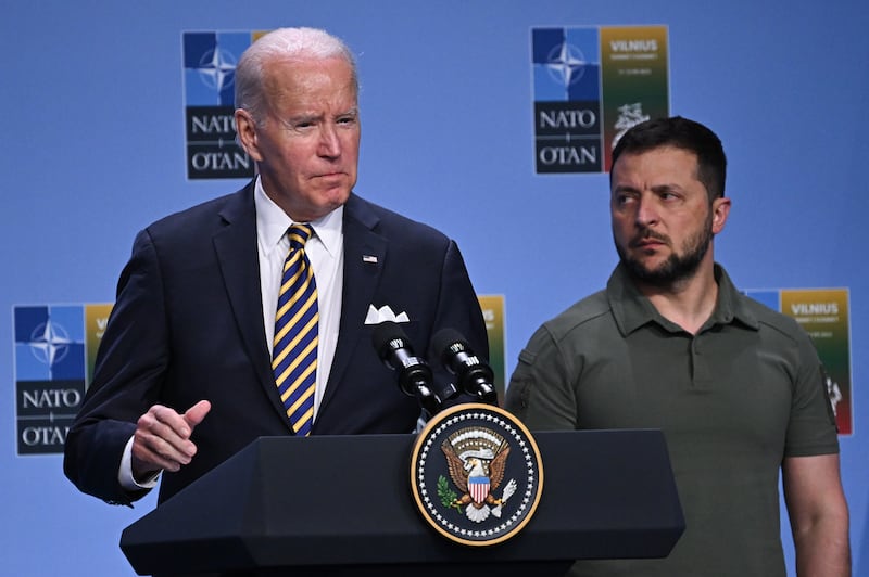US President Joe Biden speaks with Ukrainian President Volodymyr Zelensky to announce a Joint Declaration of Support for Ukraine during the Nato summit in Lithuania (Paul Ellis/AP)
