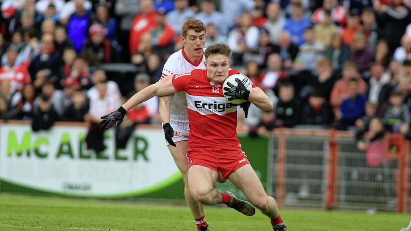 Derry&#39;s Ethan Doherty in action against Tyrone&#39;s Peter Harte in this year&#39;s Ulster SFC. The counties will clash again in the 2023 Bank of Ireland Dr McKenna Cup 