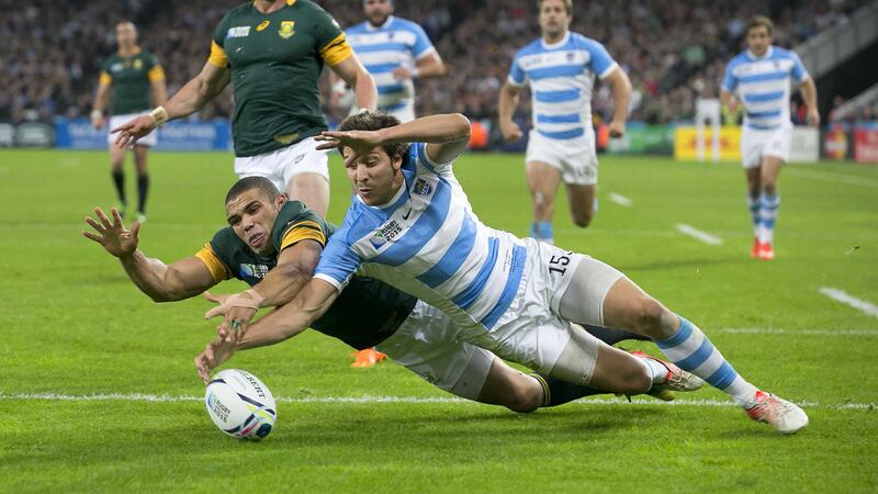 South Africa's Bryan Habana has a try disallowed as he dives alongside Argentina's Lucas Gonzalez Amorosino during the bronze medal match at London's Olympic Stadium on Friday<br />Picture: PA&nbsp;