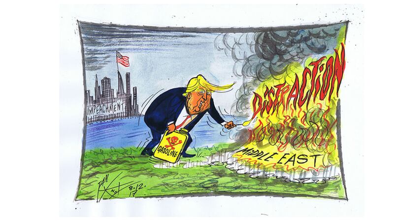 Ian Knox cartoon 8/12/17: Trump's recognition of Jerusalem as Israel's capital, reversing decades of US policy, is met with worldwide dismay and the outbreak of rioting&nbsp;
