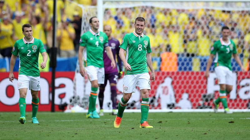 Republic of Ireland players after conceding through a cruel Ciaran Clark own goal, but they showed their quality during last night's 1-1 draw with Sweden