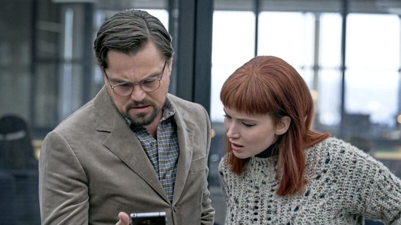 Leonardo DiCaprio as Dr Randall Mindy and Jennifer Lawrence as Kate Dibiasky in the film Don&#39;t Look Up 