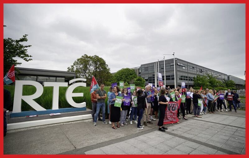 RT&Eacute; staff take part in a protest at the broadcaster&#39;s headquarters in Donnybrook, Dublin 